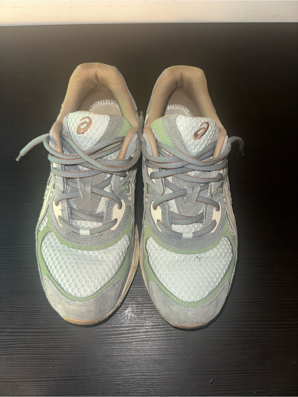 Asics Mesh and Suede Sneakers in Light Gray, Sage Green, Beige